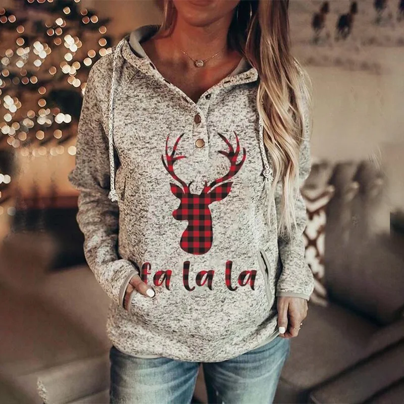 

Women Casual Christmas Hoodie Long Sleeves Buttons Collar Pockets Sweatshirt Elk Print Pullover Tops 2020